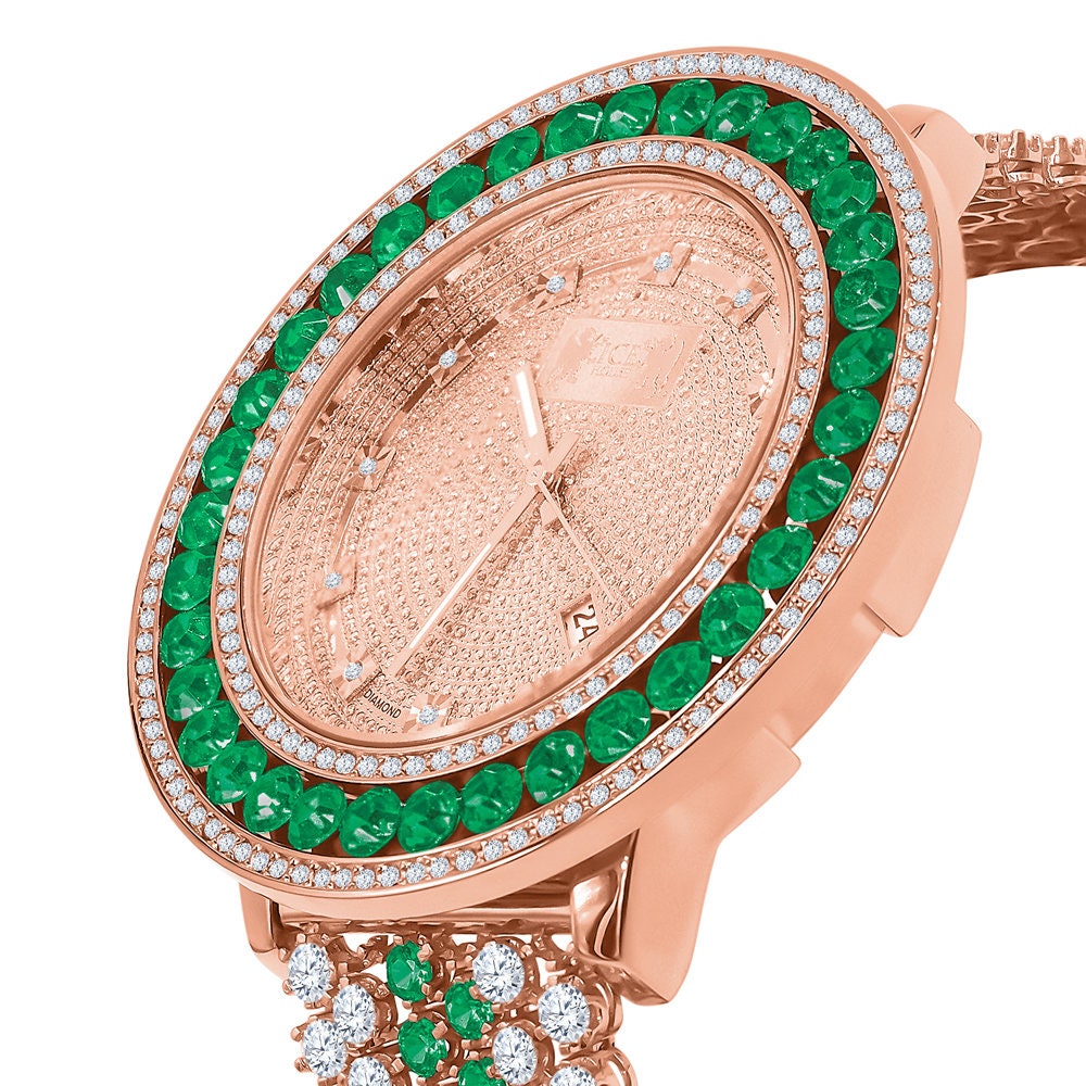 Green Solitaire Bezel Genuine Real Diamond Dial Rose Gold Finish Iced Out Custom Band Watch W/Date
