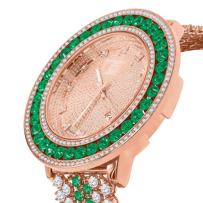 Green Solitaire Bezel Genuine Real Diamond Dial Rose Gold Finish Iced Out Custom Band Watch W/Date