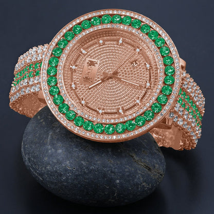 Green Solitaire Bezel Genuine Real Diamond Dial Rose Gold Finish Iced Out Custom Band Watch W/Date