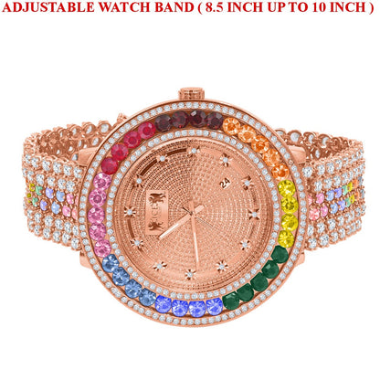 Rainbow Solitaire Multi Tone Bezel Genuine Real Diamond Dial Rose Gold Finish Iced Out Custom Band Watch W/Date
