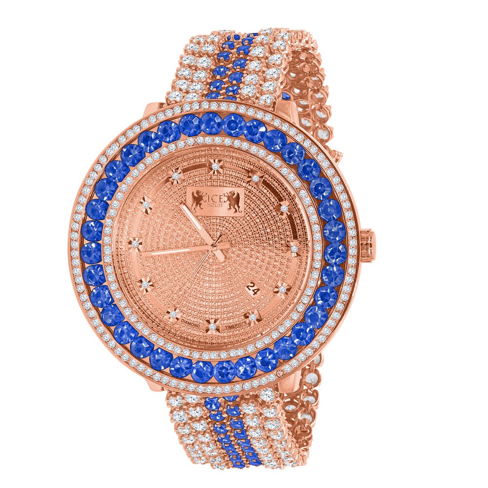Mens Blue Solitaire Tone Bezel Genuine Real Diamond Dial Rose Gold Finish Iced Out Custom Band Watch W/Date