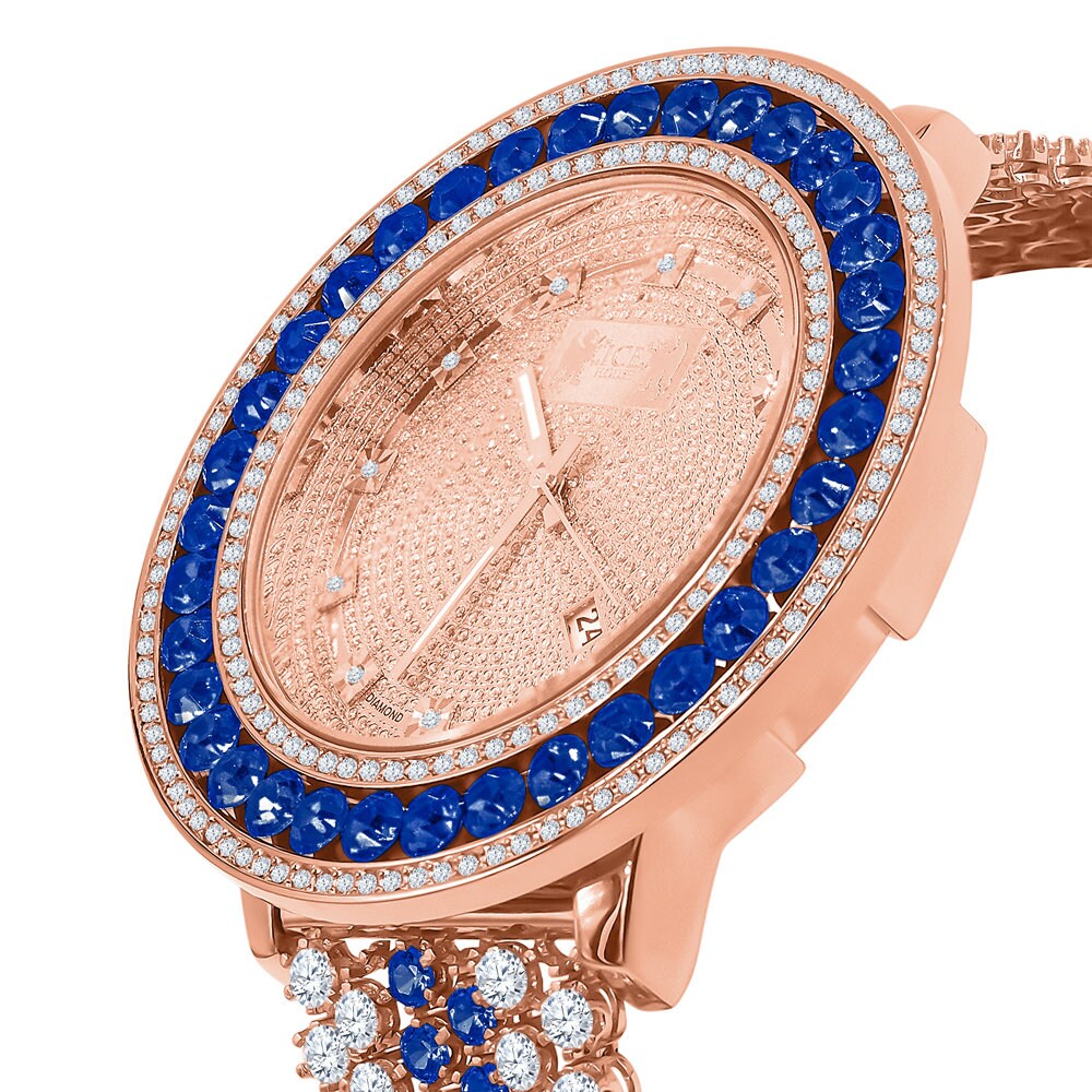Mens Blue Solitaire Tone Bezel Genuine Real Diamond Dial Rose Gold Finish Iced Out Custom Band Watch W/Date