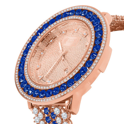 Mens Blue Solitaire Tone Bezel Genuine Real Diamond Dial Rose Gold Finish Iced Out Custom Band Watch W/Date