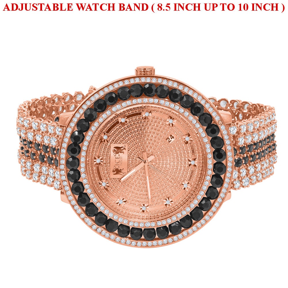 Iced Out Custom Band Watch W/Date Onyx Black Solitaire Tone Bezel Genuine Real Diamond Dial Rose Gold Finish