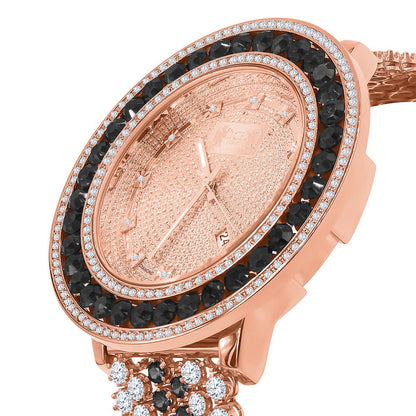 Iced Out Custom Band Watch W/Date Onyx Black Solitaire Tone Bezel Genuine Real Diamond Dial Rose Gold Finish