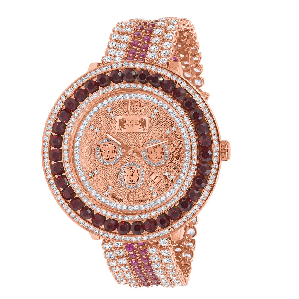 Real Diamond Dial 18K Rose Gold Finish Mens Classy Stainless Steel Back Full Iced Out Custom Watch W/Date