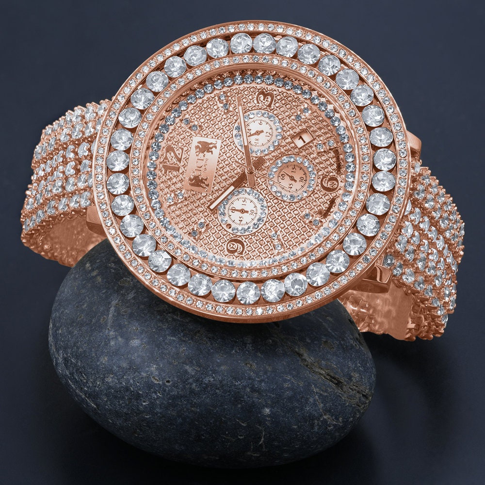 Mens Watch 60 mm XL Genuine Diamond Dial Solitaire Rose Gold Adjustable Custom Watch W/Date Function