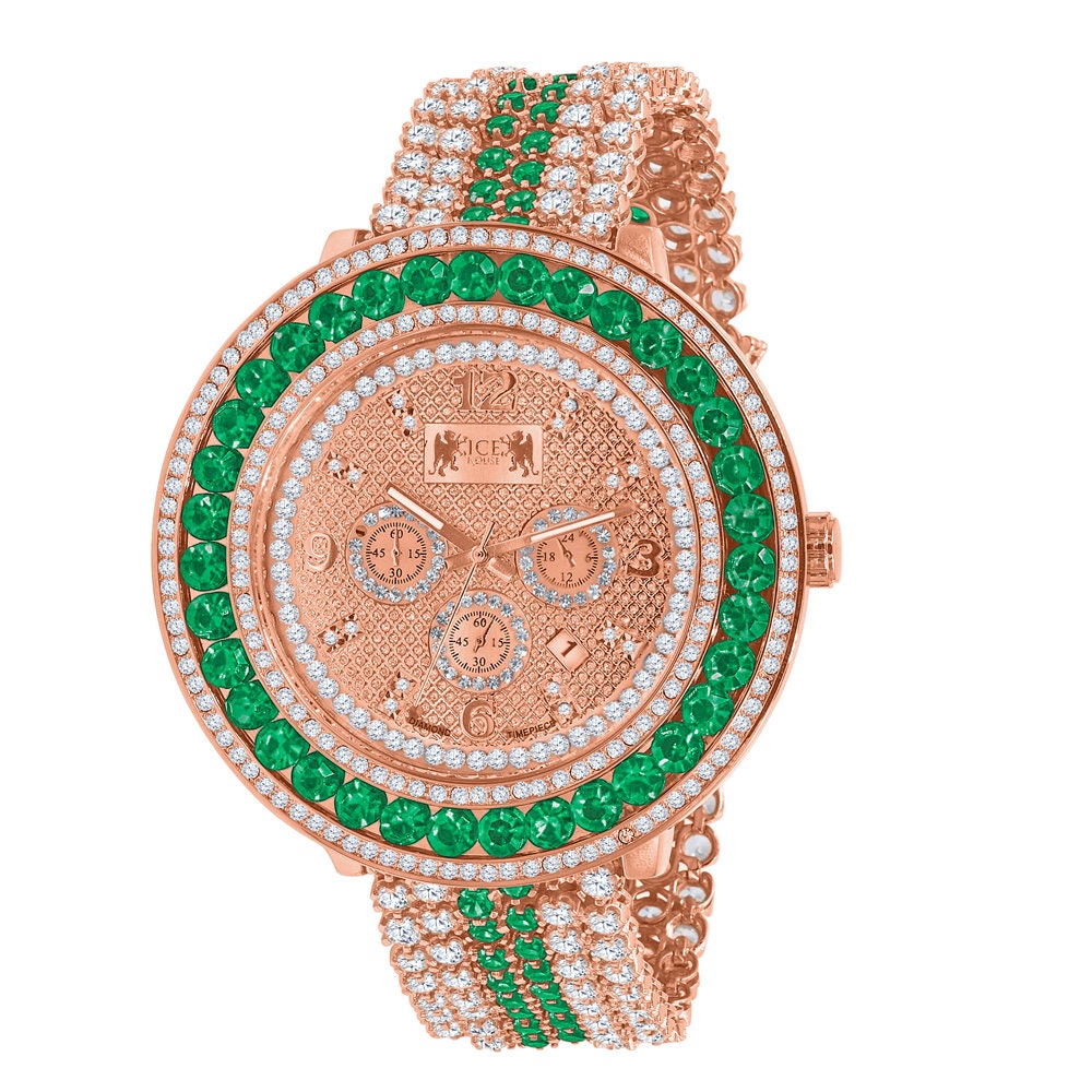 Green Solitaire Watch 60 mm XL Genuine Diamond Dial Rose Gold Adjustable Custom Watch W/Date Function