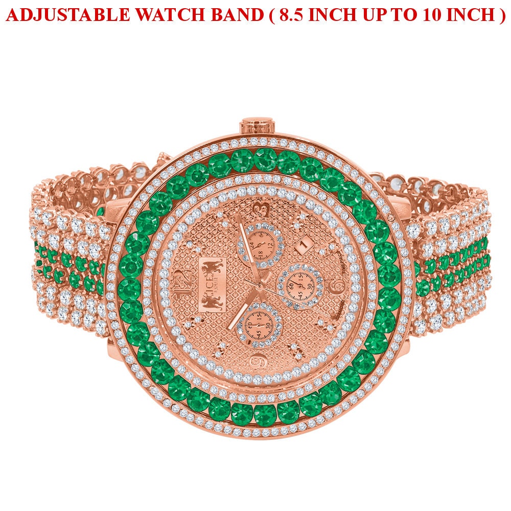 Green Solitaire Watch 60 mm XL Genuine Diamond Dial Rose Gold Adjustable Custom Watch W/Date Function