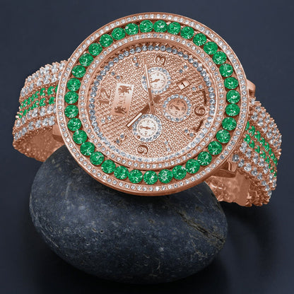 Green Solitaire Watch 60 mm XL Genuine Diamond Dial Rose Gold Adjustable Custom Watch W/Date Function