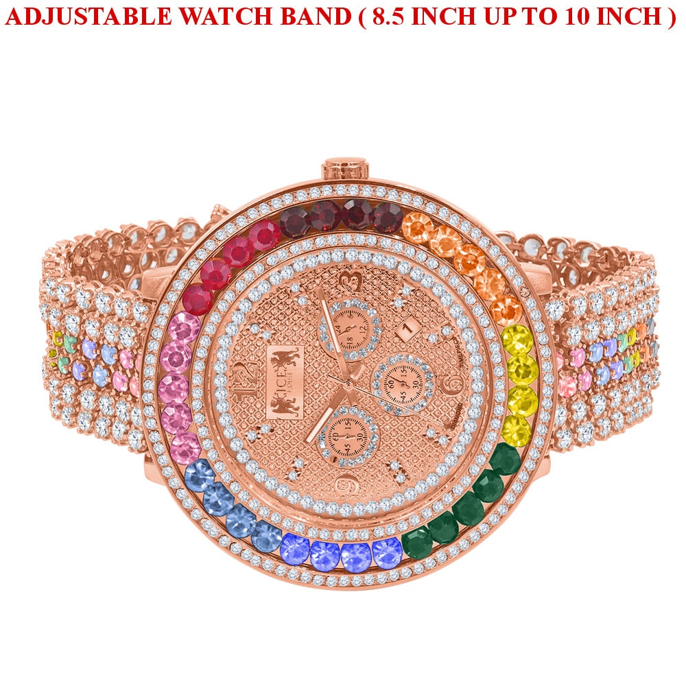 Rainbow Solitaire Watch 60 mm XL Genuine Diamond Dial Rose Gold Multi Tone Custom Adjustable Watch W/Date Function