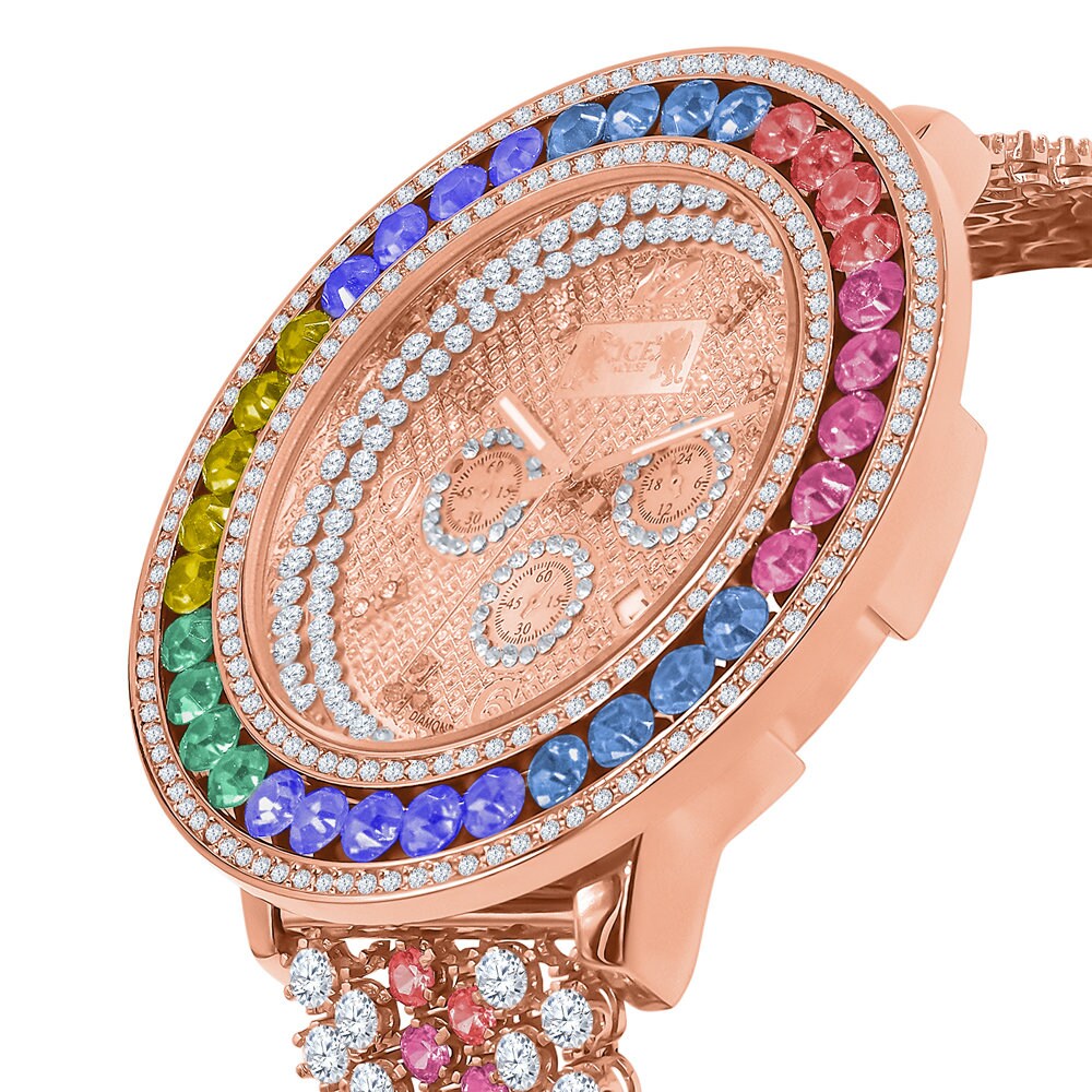 Rainbow Solitaire Watch 60 mm XL Genuine Diamond Dial Rose Gold Multi Tone Custom Adjustable Watch W/Date Function