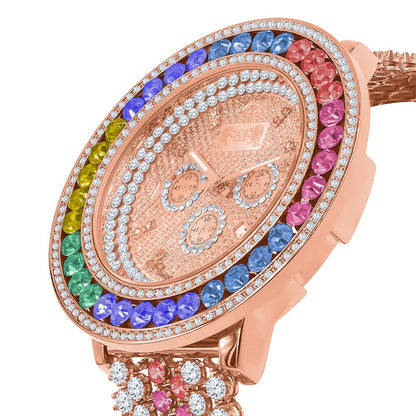 Rainbow Solitaire Watch 60 mm XL Genuine Diamond Dial Rose Gold Multi Tone Custom Adjustable Watch W/Date Function