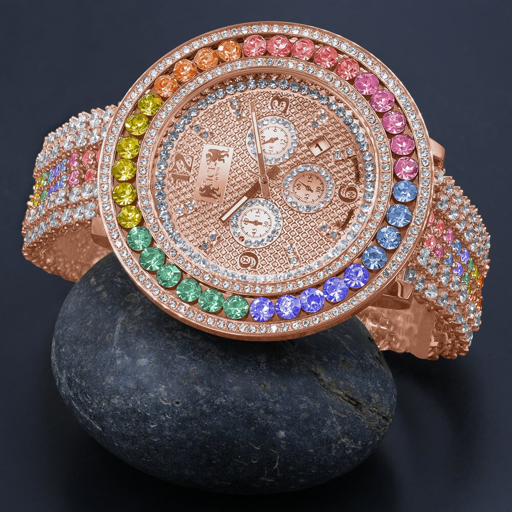 Rainbow Solitaire Watch 60 mm XL Genuine Diamond Dial Rose Gold Multi Tone Custom Adjustable Watch W/Date Function