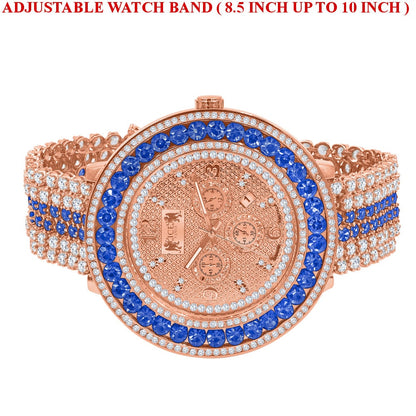 XL Big 60 mm Genuine Diamond Dial Rose Gold Blue Solitaire  Custom Adjustable Size Watch W/Date Function