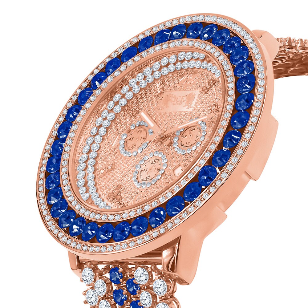 XL Big 60 mm Genuine Diamond Dial Rose Gold Blue Solitaire  Custom Adjustable Size Watch W/Date Function