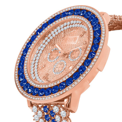 XL Big 60 mm Genuine Diamond Dial Rose Gold Blue Solitaire  Custom Adjustable Size Watch W/Date Function