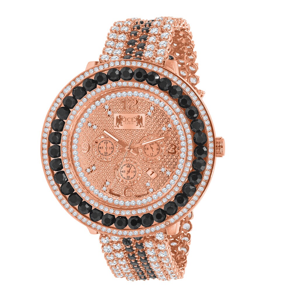 Custom Adjustable Size Watch W/Date Function XL Big 60 mm Genuine Diamond Dial Rose Gold Black Onyx Solitaire