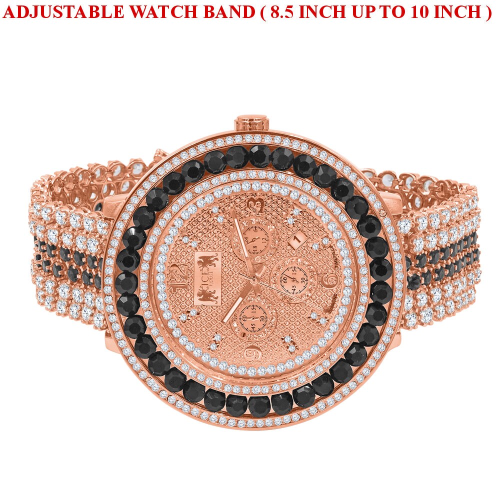 Custom Adjustable Size Watch W/Date Function XL Big 60 mm Genuine Diamond Dial Rose Gold Black Onyx Solitaire