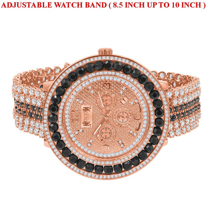 Custom Adjustable Size Watch W/Date Function XL Big 60 mm Genuine Diamond Dial Rose Gold Black Onyx Solitaire