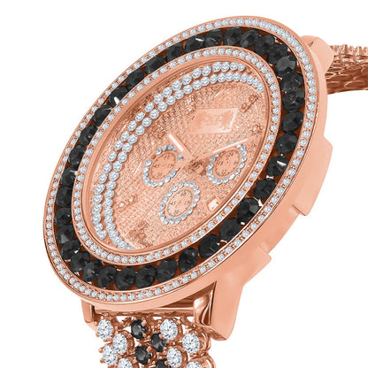 Custom Adjustable Size Watch W/Date Function XL Big 60 mm Genuine Diamond Dial Rose Gold Black Onyx Solitaire