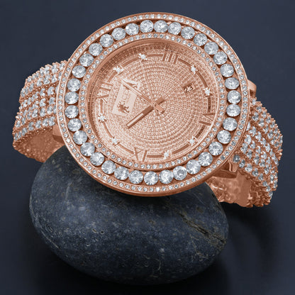 Genuine Diamond Dial Roman Face 18K Rose Gold Finish Solitaire Bezel Custom Band Watch W/Date Function