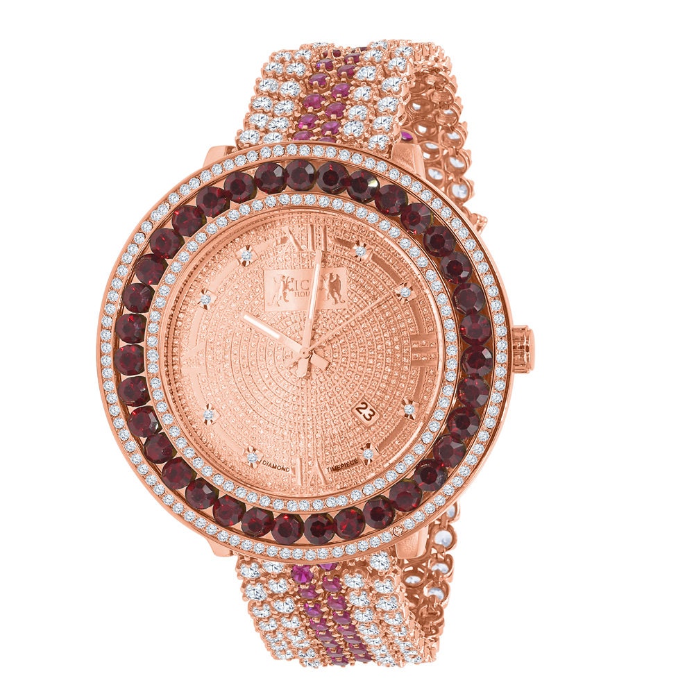 Mens Genuine Diamond Dial Roman Face 18K Rose Gold Ruby Red Solitaire Bezel Custom Band Watch W/Date Function