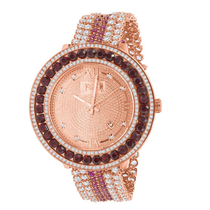 Mens Genuine Diamond Dial Roman Face 18K Rose Gold Ruby Red Solitaire Bezel Custom Band Watch W/Date Function