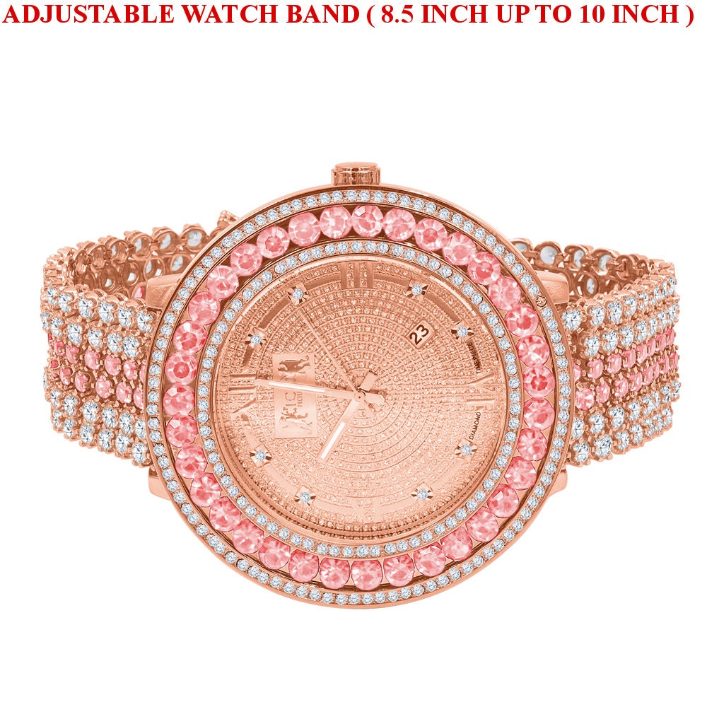 18K Rose Gold Genuine Diamond Dial Roman Face  Pink Solitaire Bezel Custom Band Watch W/Date Function
