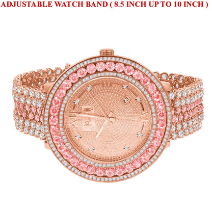 18K Rose Gold Genuine Diamond Dial Roman Face  Pink Solitaire Bezel Custom Band Watch W/Date Function