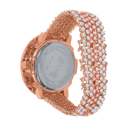 18K Rose Gold Genuine Diamond Dial Roman Face  Pink Solitaire Bezel Custom Band Watch W/Date Function