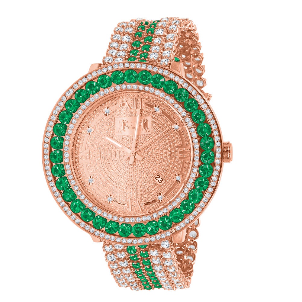 Roman Face Rose Gold Genuine Diamond Dial Green Solitaire Bezel Custom Band Watch W/Date Function