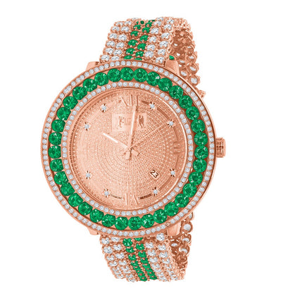 Roman Face Rose Gold Genuine Diamond Dial Green Solitaire Bezel Custom Band Watch W/Date Function