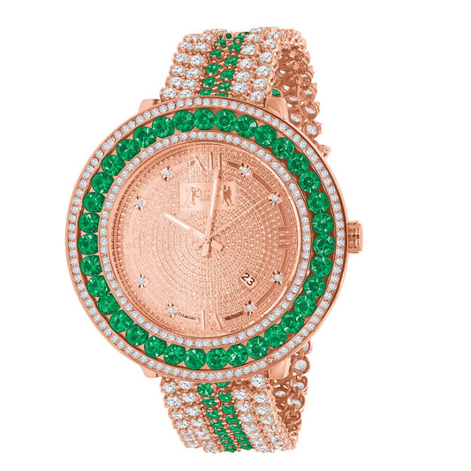 Roman Face Rose Gold Genuine Diamond Dial Green Solitaire Bezel Custom Band Watch W/Date Function
