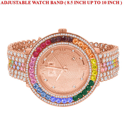 Rainbow Multi Tone Roman Face Rose Gold Genuine Diamond Dial Solitaire Bezel Custom Band Watch W/Date Function