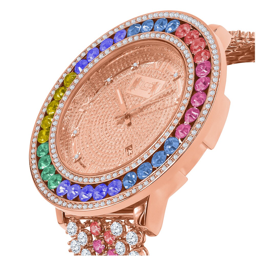 Rainbow Multi Tone Roman Face Rose Gold Genuine Diamond Dial Solitaire Bezel Custom Band Watch W/Date Function