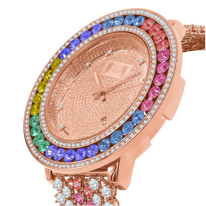 Rainbow Multi Tone Roman Face Rose Gold Genuine Diamond Dial Solitaire Bezel Custom Band Watch W/Date Function