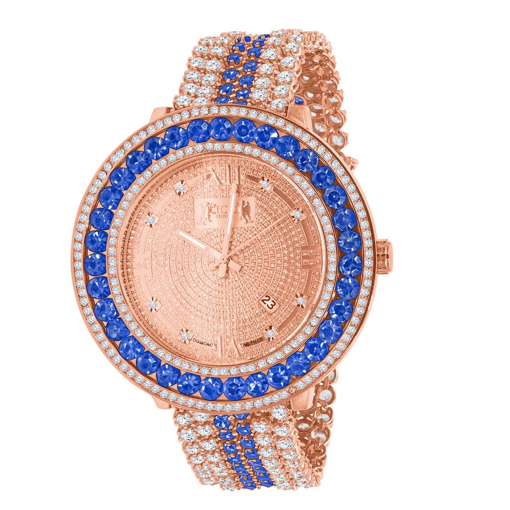 Blue Solitaire Bezel Roman Face Rose Gold Genuine Diamond Dial Custom Band Watch W/Date Function
