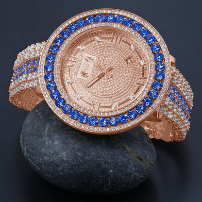 Blue Solitaire Bezel Roman Face Rose Gold Genuine Diamond Dial Custom Band Watch W/Date Function