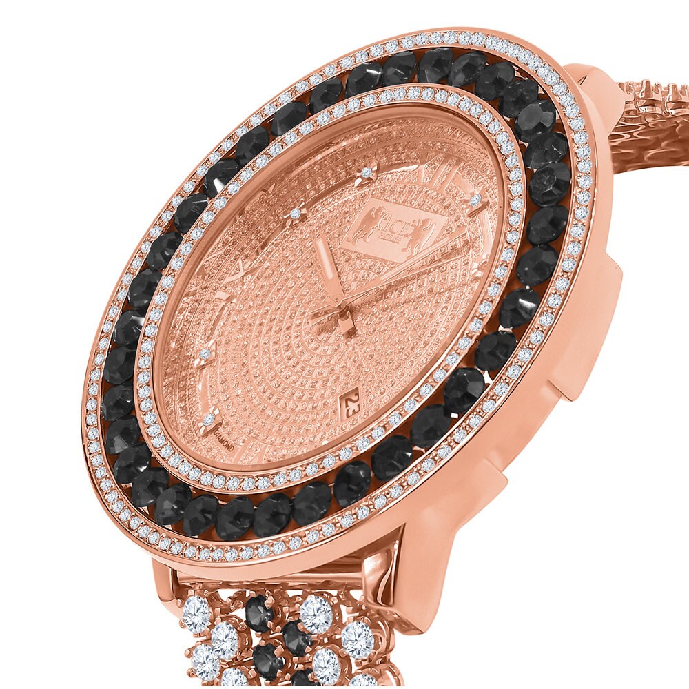 Onyx Black Solitaire Bezel Roman Face Rose Gold Genuine Diamond Dial Custom Band Watch W/Date Function