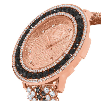 Onyx Black Solitaire Bezel Roman Face Rose Gold Genuine Diamond Dial Custom Band Watch W/Date Function