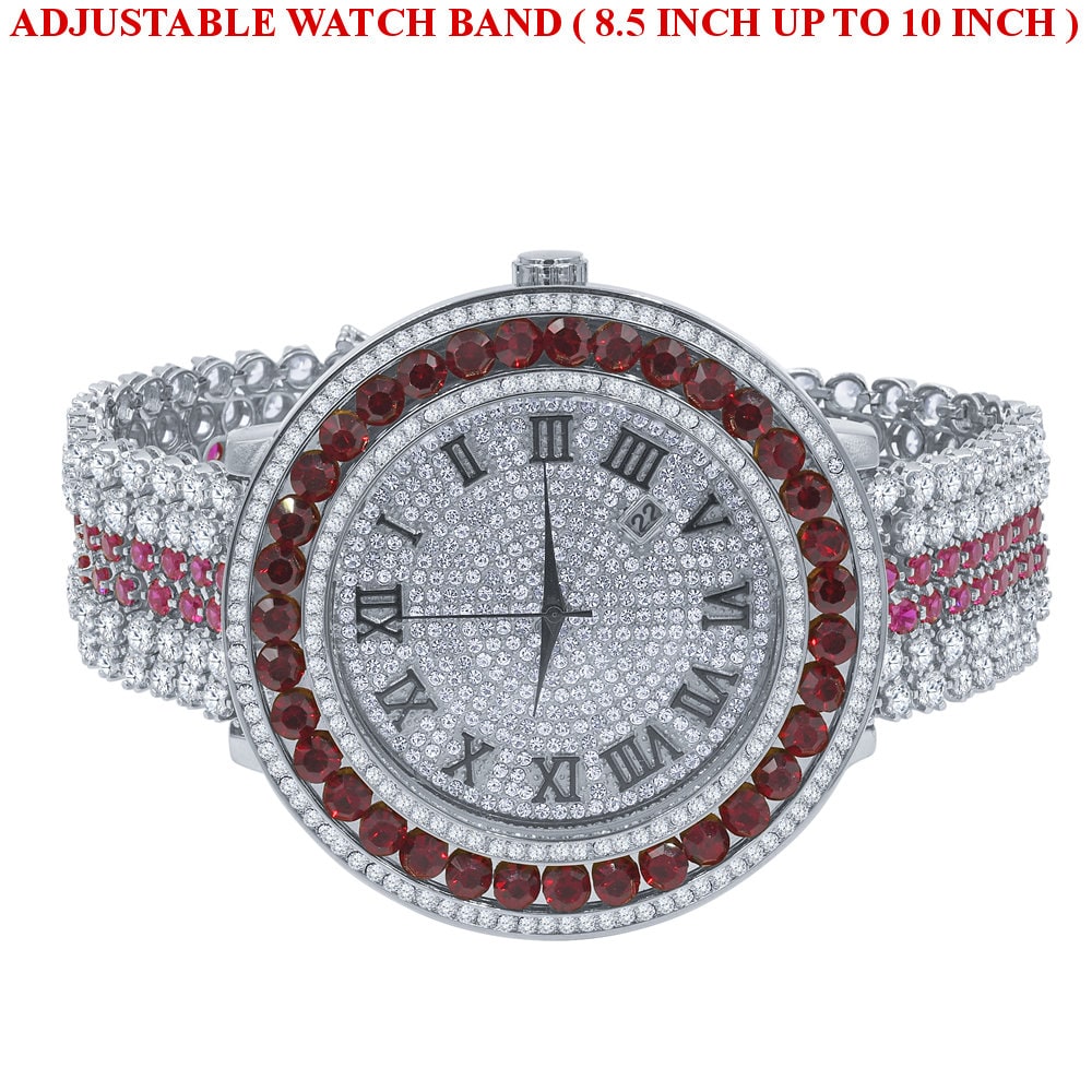 18K White Gold Finish Simulated Diamond Roman numeral Dial Ruby Red Solitaire Face Custom Watch W/Date