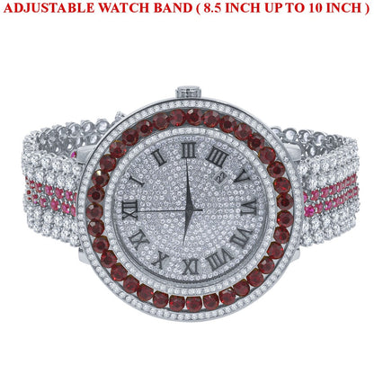 18K White Gold Finish Simulated Diamond Roman numeral Dial Ruby Red Solitaire Face Custom Watch W/Date