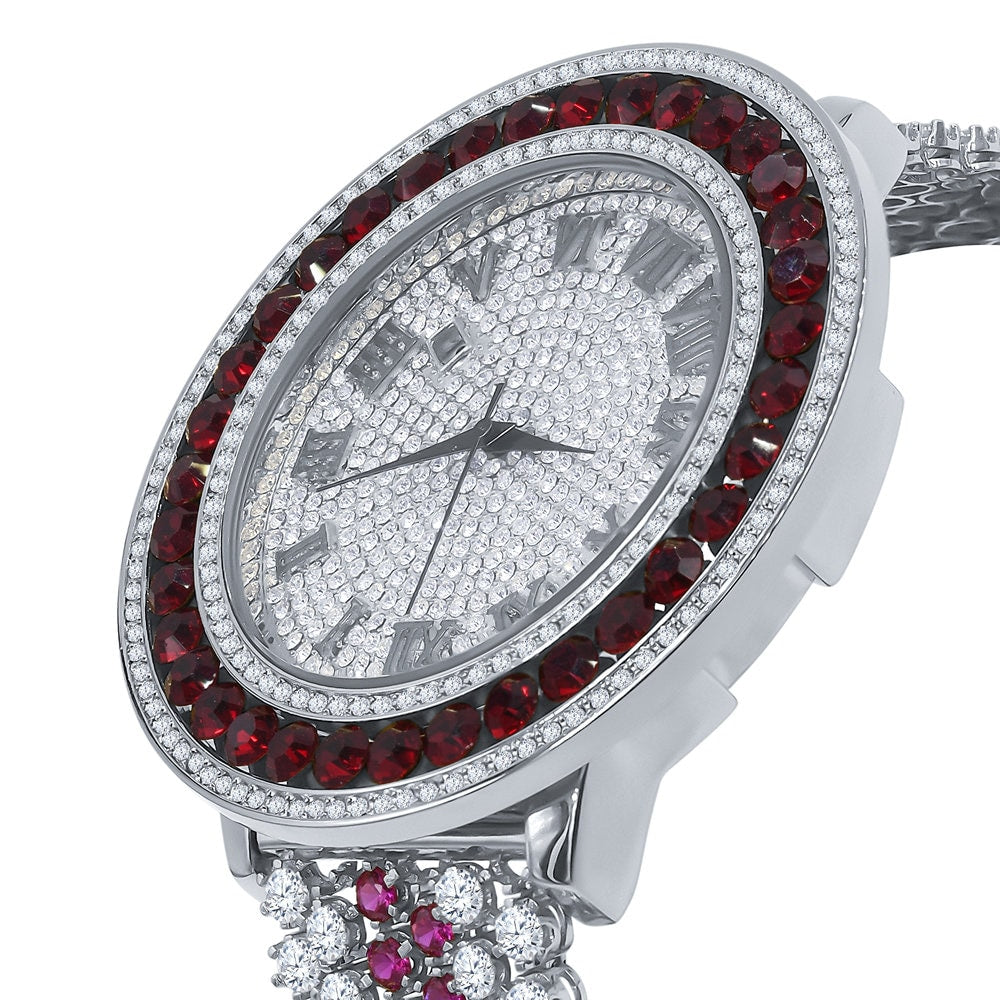 18K White Gold Finish Simulated Diamond Roman numeral Dial Ruby Red Solitaire Face Custom Watch W/Date