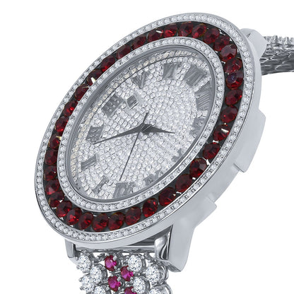 18K White Gold Finish Simulated Diamond Roman numeral Dial Ruby Red Solitaire Face Custom Watch W/Date