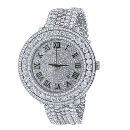 Roman numeral Dial White Gold Finish Simulated Diamond Solitaire Face Mens Custom Watch W/Date