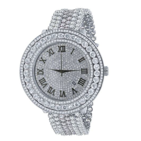 Roman numeral Dial White Gold Finish Simulated Diamond Solitaire Face Mens Custom Watch W/Date