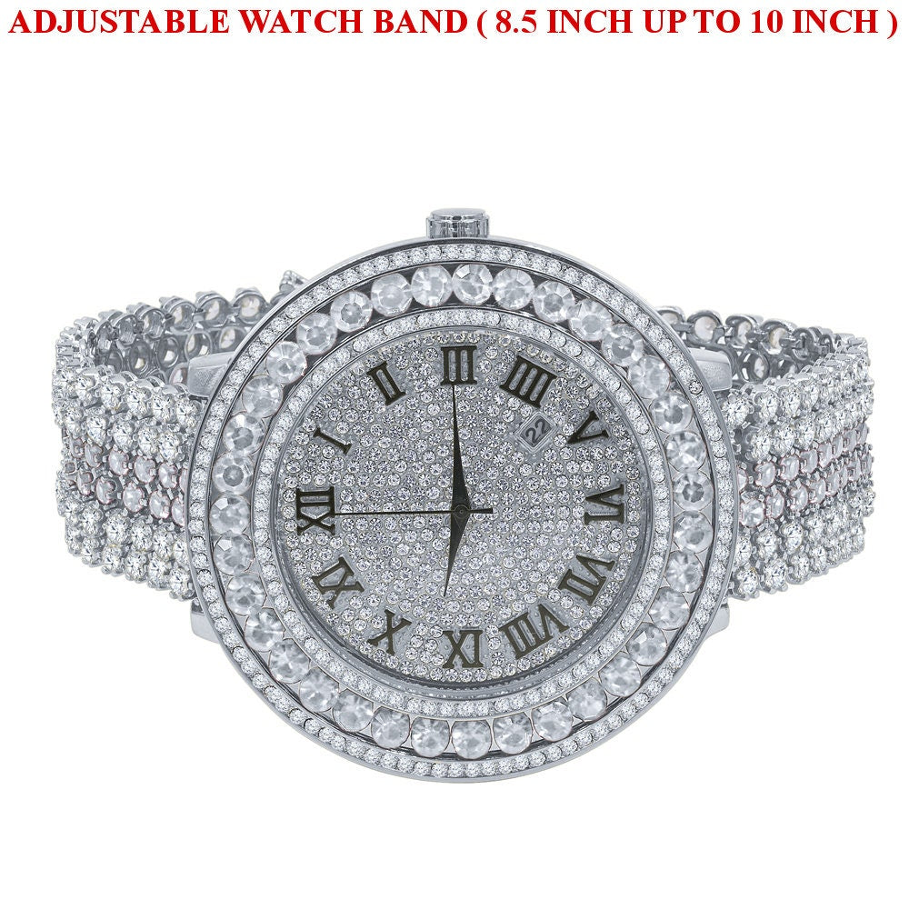 Roman numeral Dial White Gold Finish Simulated Diamond Solitaire Face Mens Custom Watch W/Date