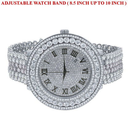 Roman numeral Dial White Gold Finish Simulated Diamond Solitaire Face Mens Custom Watch W/Date