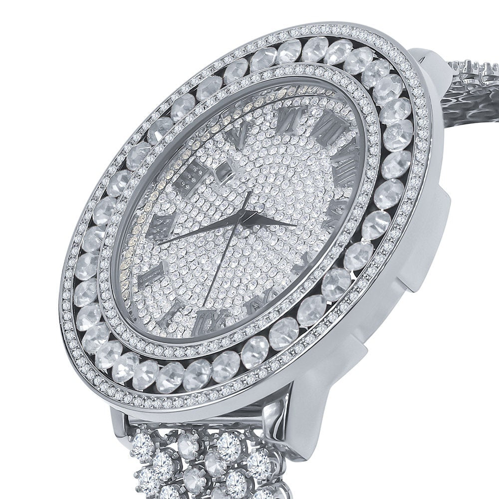 Roman numeral Dial White Gold Finish Simulated Diamond Solitaire Face Mens Custom Watch W/Date